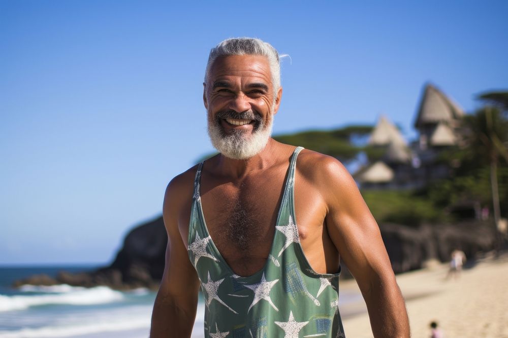 Latina brazilian senior man beach swimwear portrait.