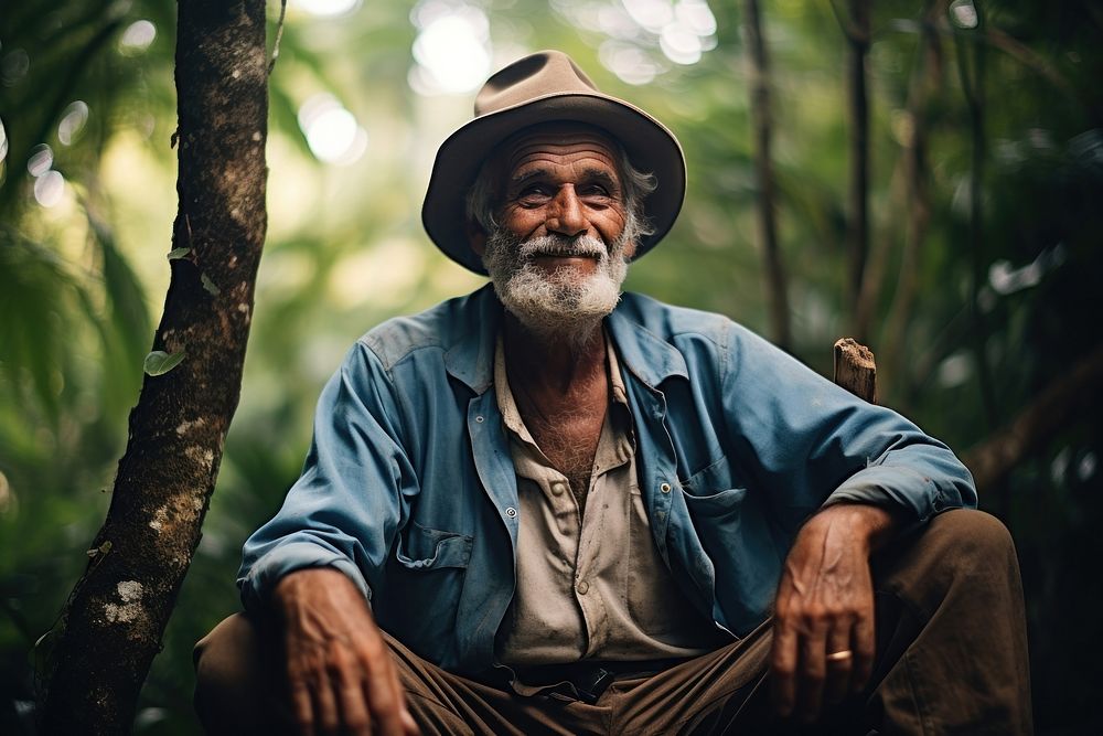 Latina brazilian senior man portrait sitting forest.