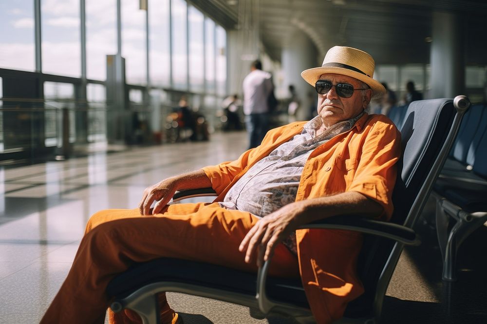 Latina brazilian senior man sitting airport travel.