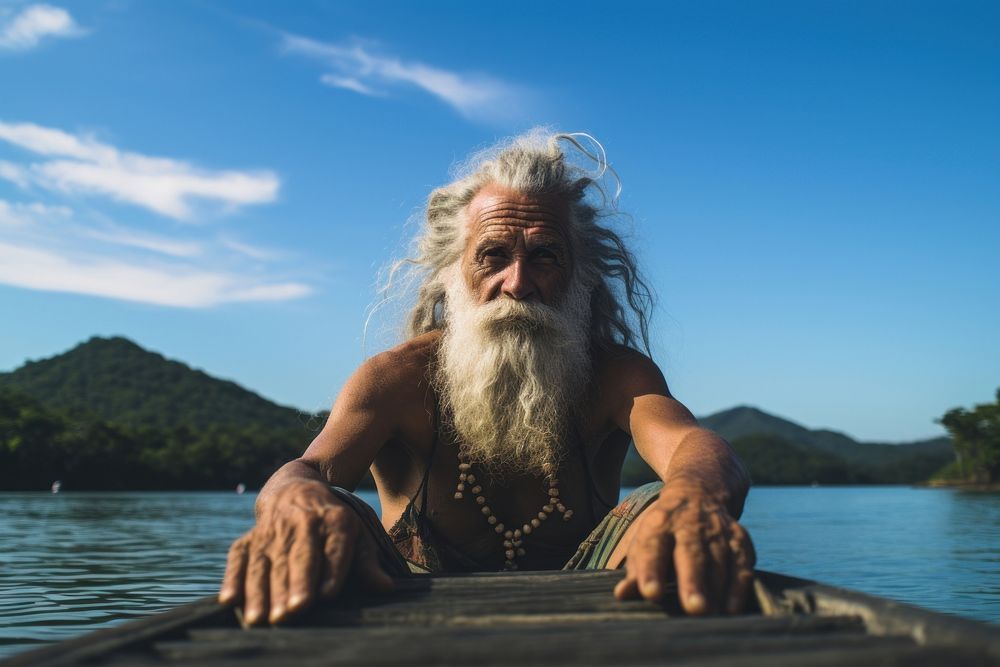 Latina brazilian senior man lake portrait outdoors.
