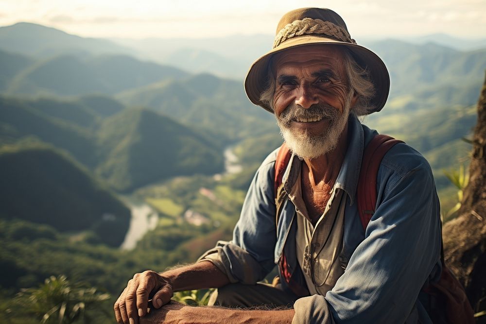 Latina brazilian senior man mountain portrait outdoors.