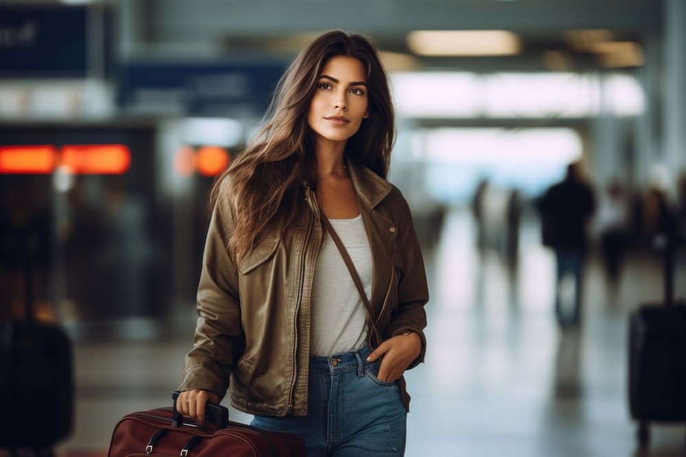 Latina brazilian woman handbag airport jacket.