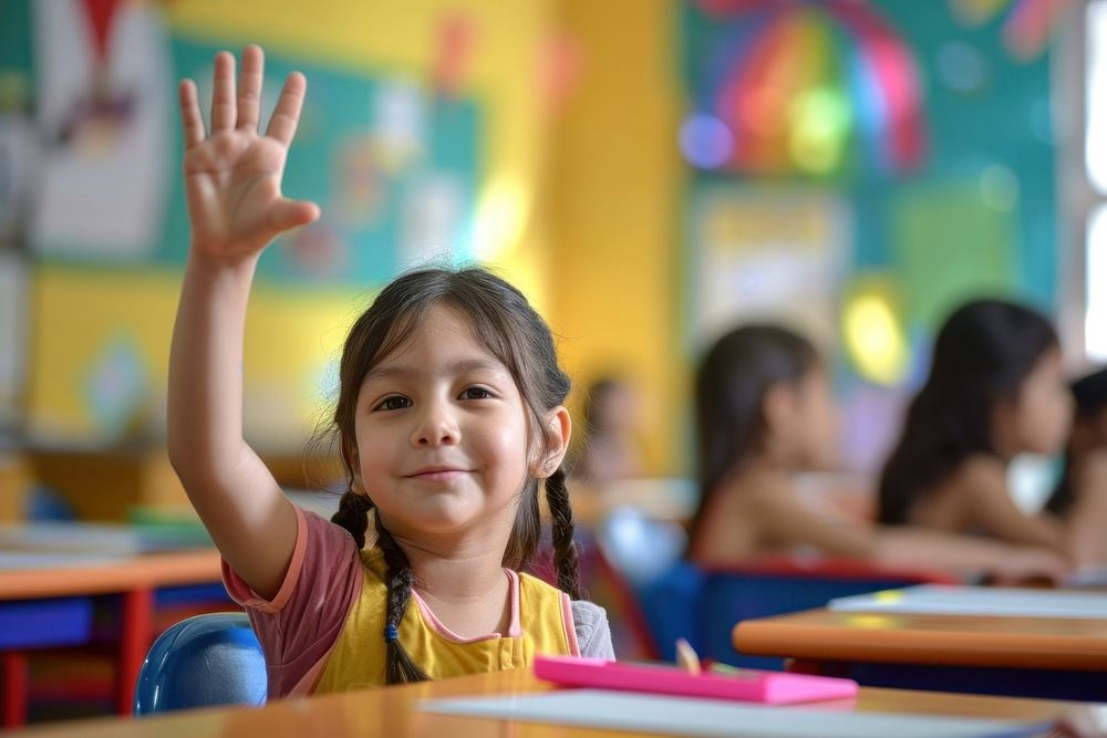 Little chubby latina student raise her hand architecture classroom school. AI generated Image by rawpixel.
