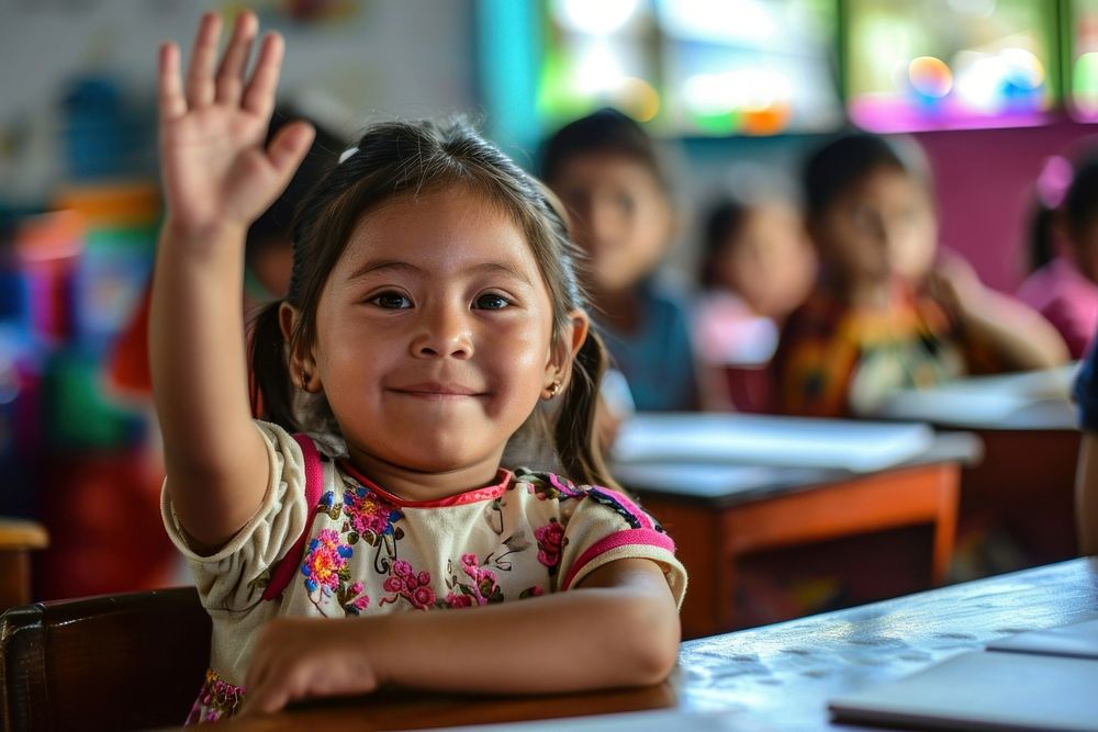 Little chubby latino student raise her hand classroom child electronics. AI generated Image by rawpixel.