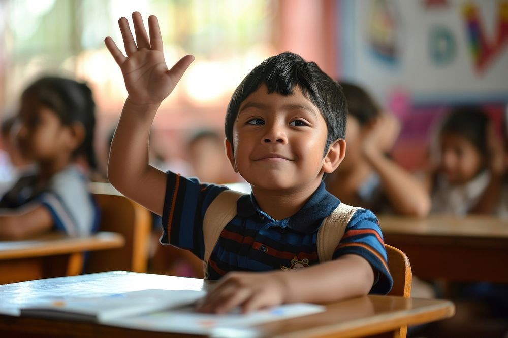 Little latino student raise his hand architecture classroom school. AI generated Image by rawpixel.