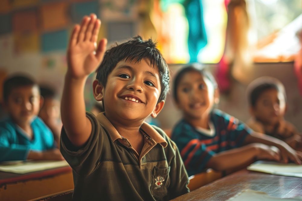 Little latino student raise his hand classroom school child. AI generated Image by rawpixel.