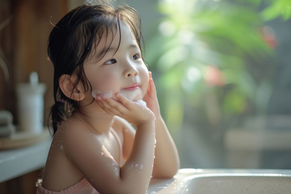 Little south east asian girl cleaning face bathing bathtub contemplation.