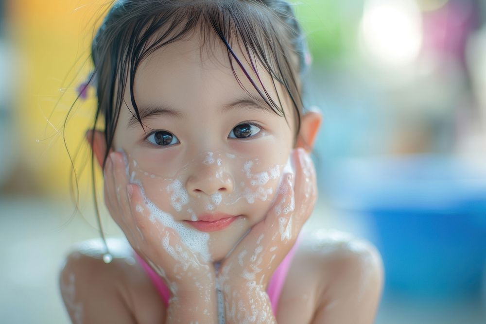 Little south east asian girl cleaning face portrait photo baby.