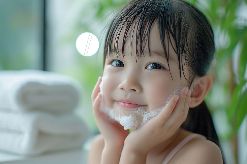 Little south east asian girl cleaning face baby happiness innocence.