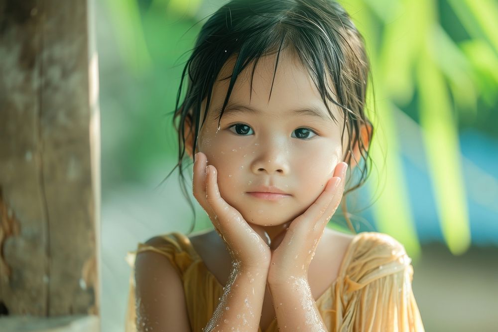 Little south east asian girl cleaning face portrait child photo.