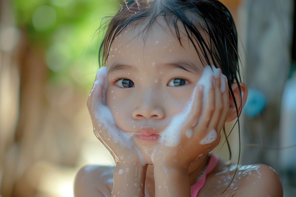 Little south east asian girl cleaning face portrait photo baby.