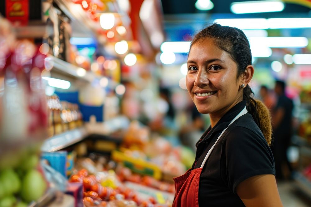 Smiling latino cashier in supermarket adult consumerism greengrocer. AI generated Image by rawpixel.