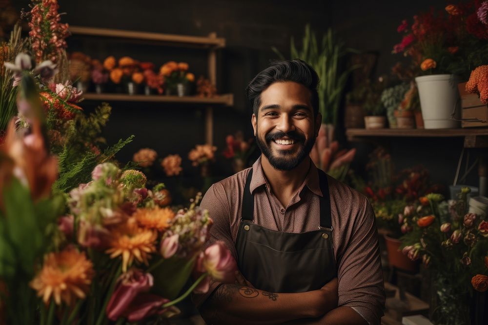 South asian male florist smile adult entrepreneur.