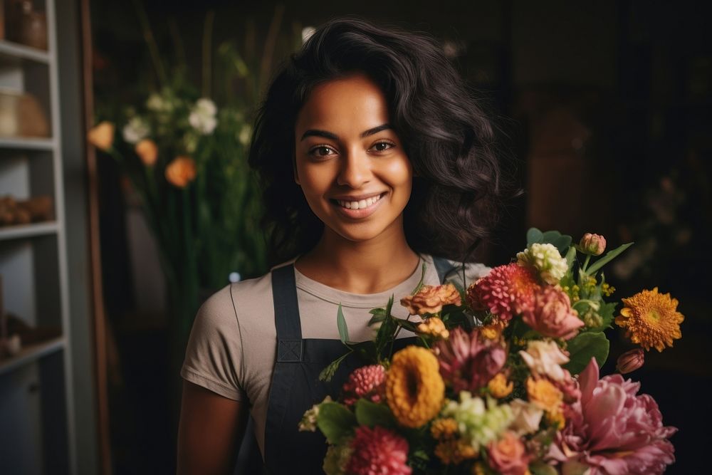 South asian florist looking flower adult.