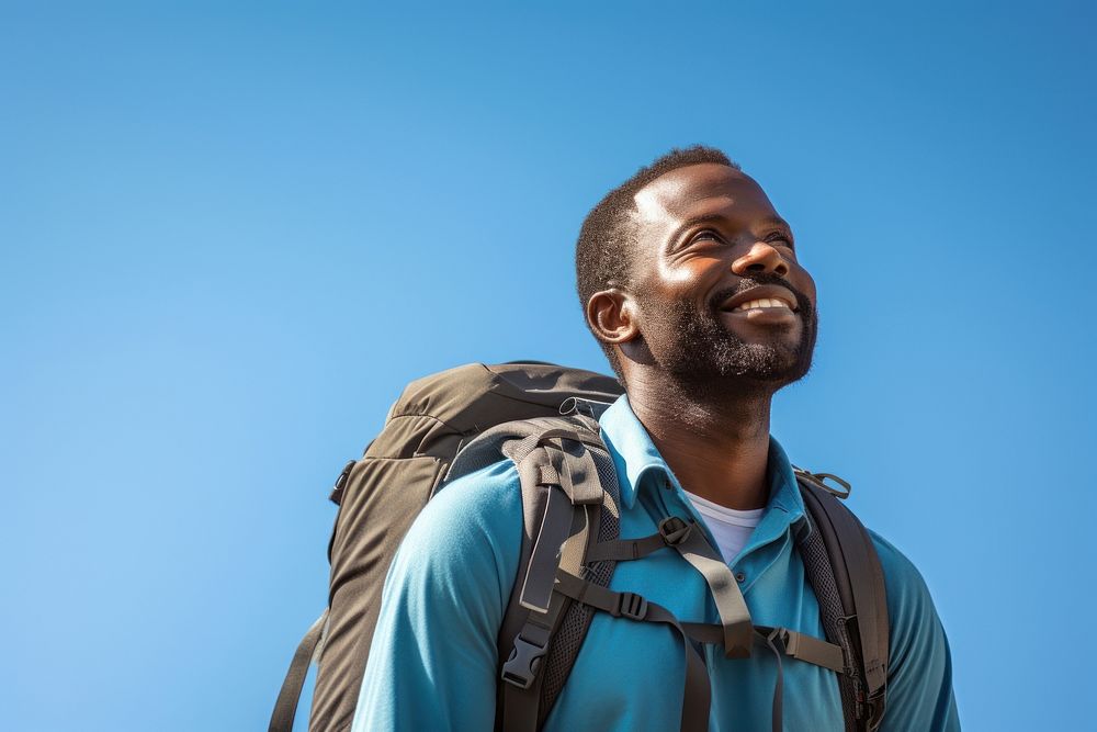African middle age man hiking backpack looking adult.