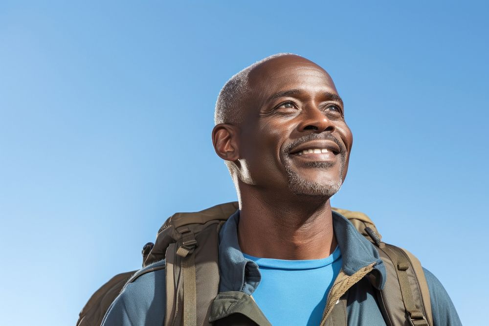 African middle age man hiking looking adult smile.