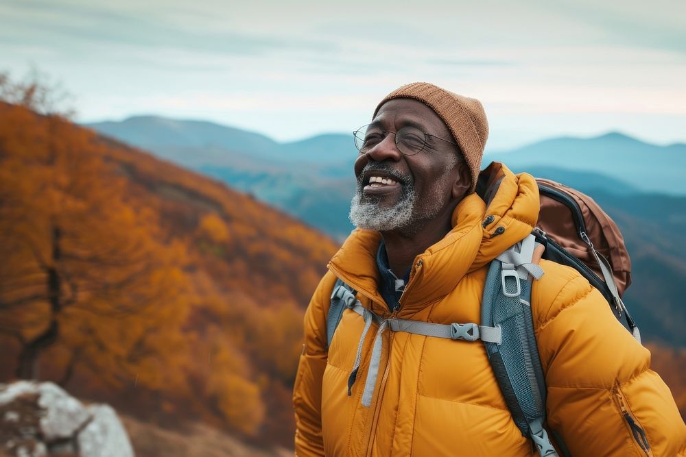 African middle age man hiking mountain autumn adult.