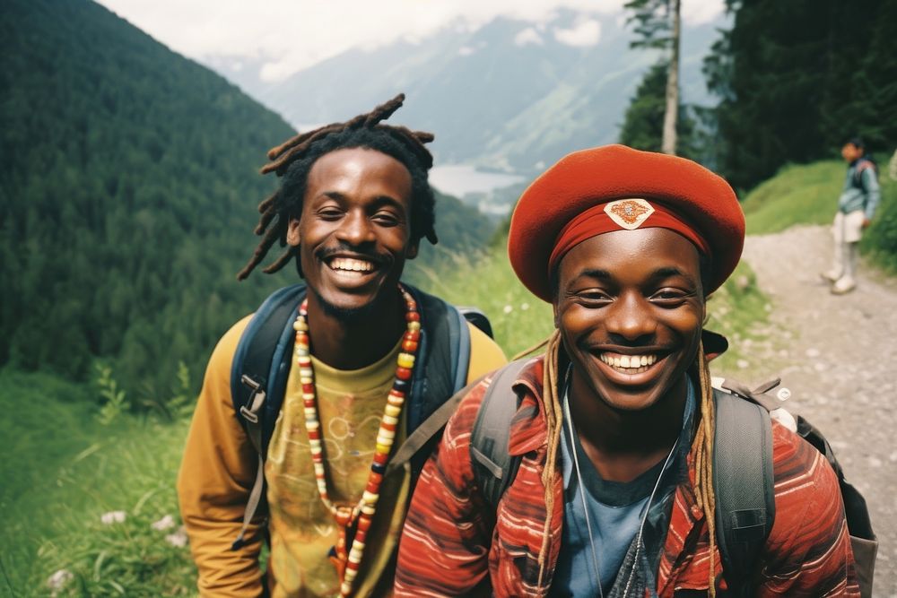 African Backpackers in Switzerland outdoors adventure portrait.