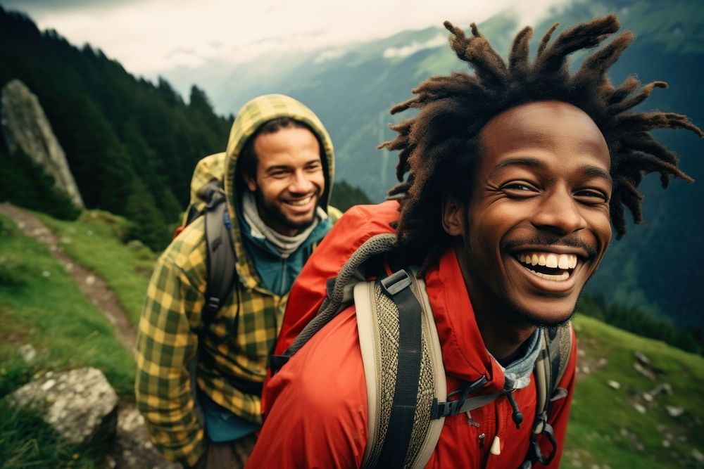 African Backpackers in Switzerland backpack outdoors adventure.