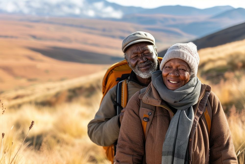 African senior couple hiking mountain adult scarf.