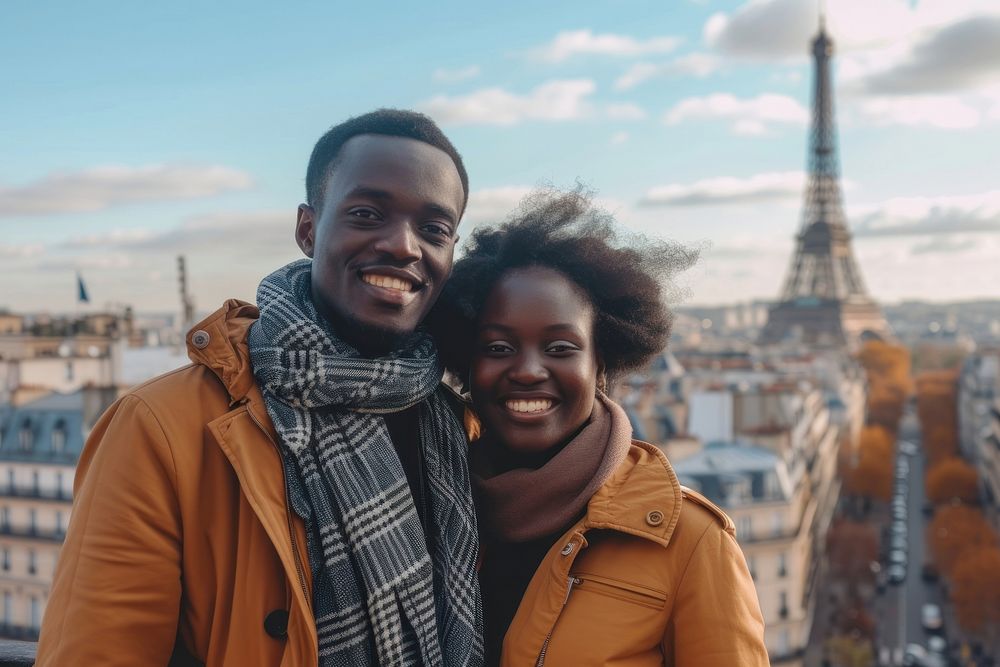 Kenyan couple sightseeing in europe city architecture portrait.