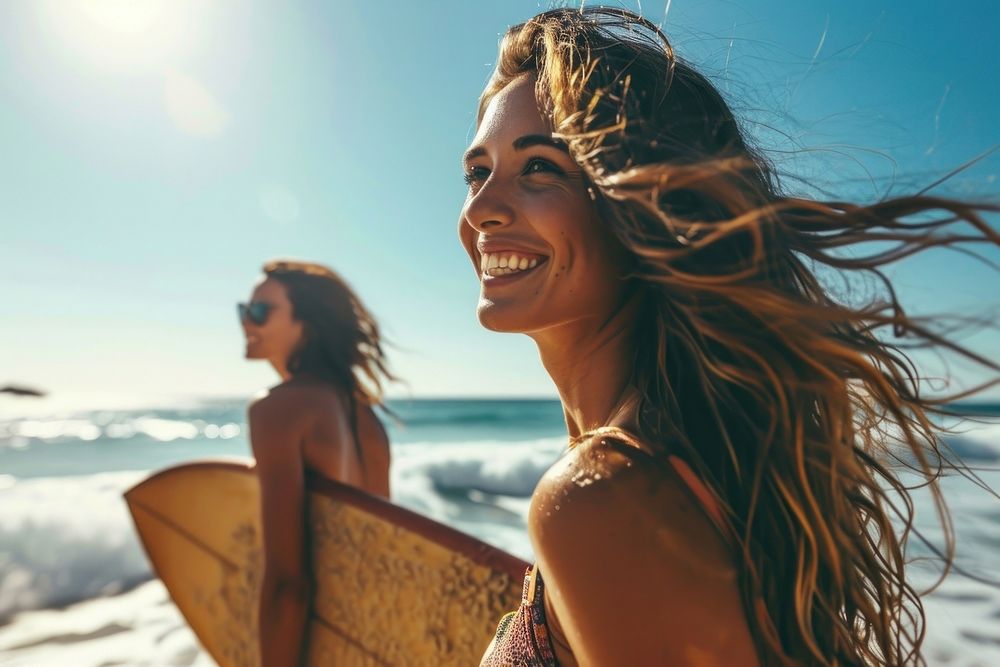 Latina woman carrying surfboard with her friend on the beach laughing outdoors nature. AI generated Image by rawpixel.