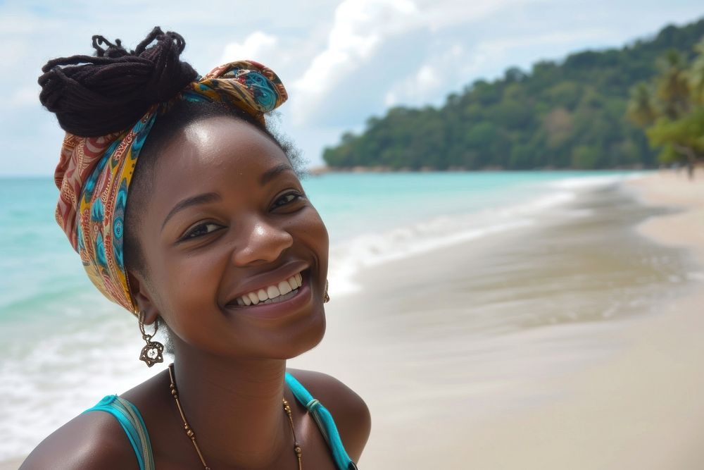 Nigerian girl backpacker at thailand beach necklace portrait outdoors.