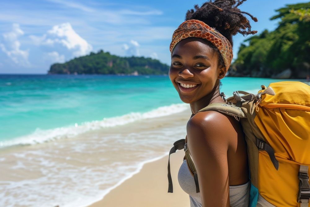 Nigerian girl backpacker at thailand beach adult happy tranquility.