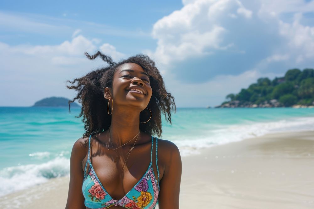 Nigerian girl backpacker at thailand beach adult tranquility accessories.