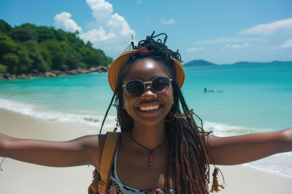 Nigerian girl backpacker at thailand beach glasses happy tranquility.