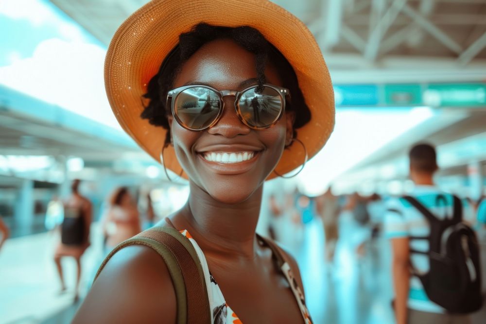 Nigerian girl backpacker at the airport sunglasses portrait adult.