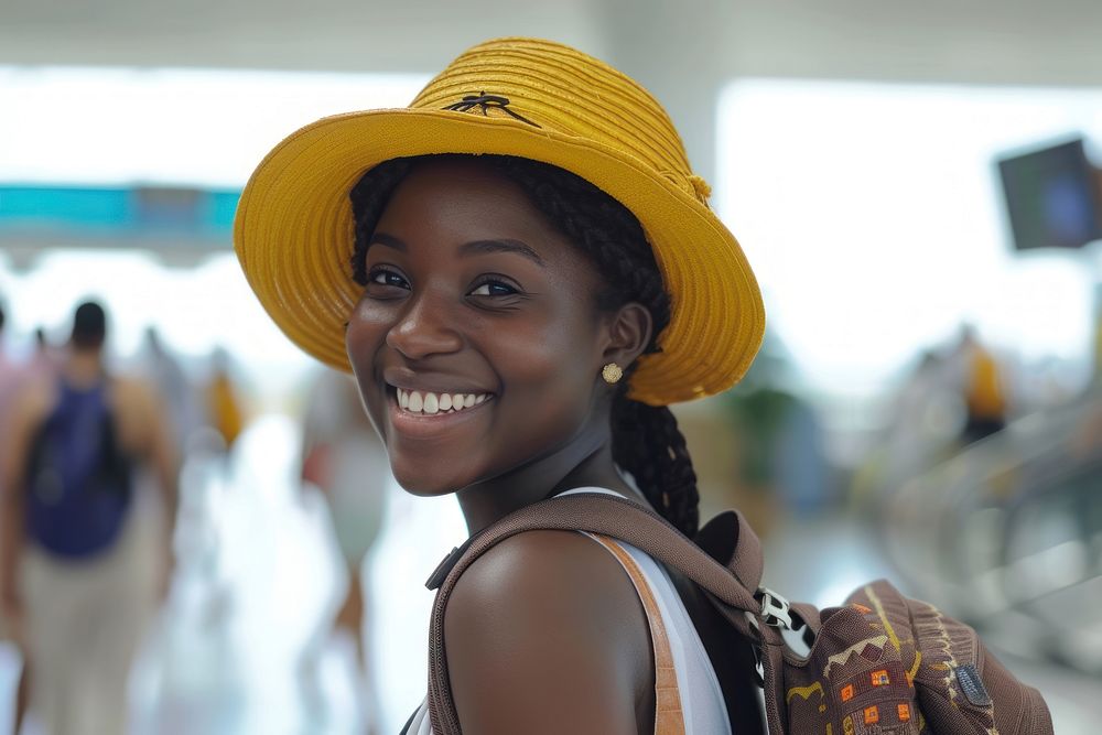 Nigerian girl backpacker at the airport portrait adult smile.
