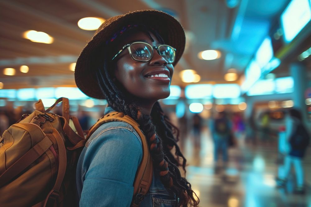 Nigerian girl backpacker at the airport glasses adult smile.
