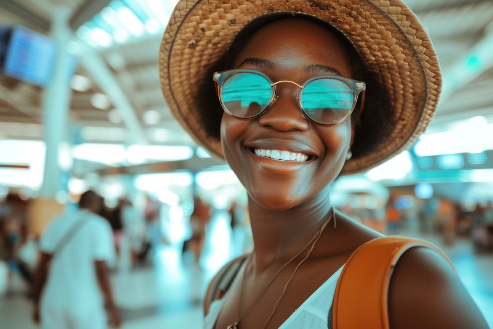 Nigerian girl backpacker at the airport portrait glasses adult.