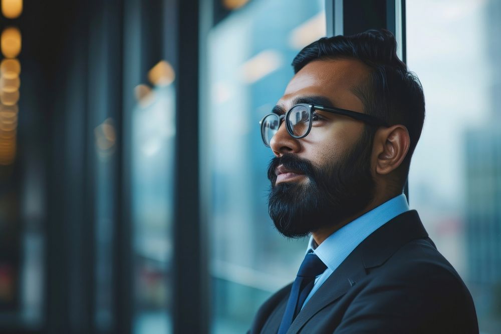 South asian businesspeople beard adult contemplation.