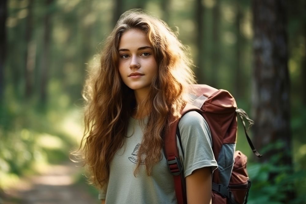 Portrait backpack forest summer.