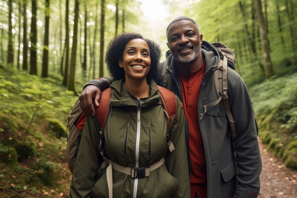 African middle age couple With Backpack backpack forest adventure.