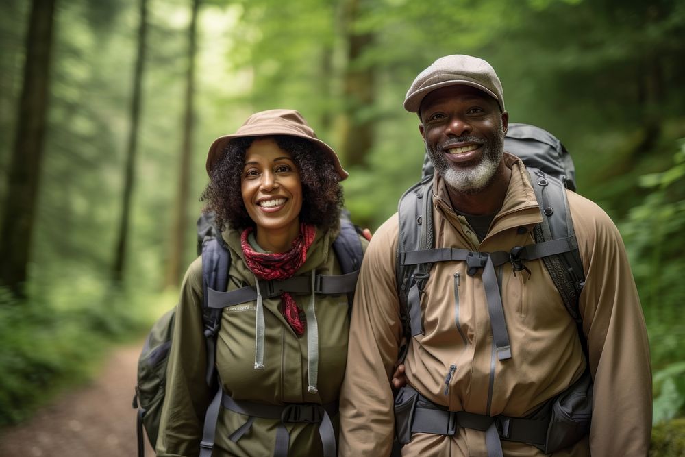 African middle age couple With Backpack backpack backpacking recreation.
