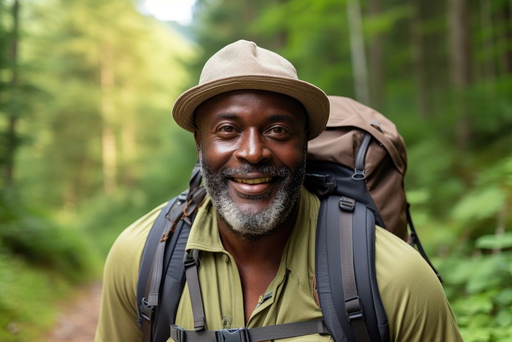 African middle age man With Backpack backpack backpacking portrait.