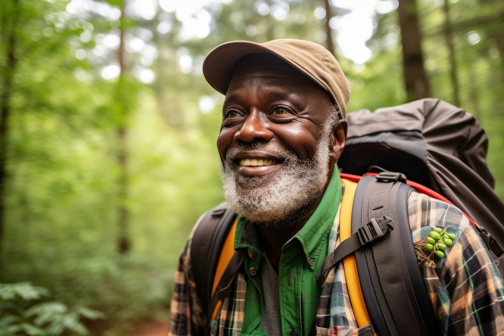 African Senior man With Backpack backpack backpacking portrait.