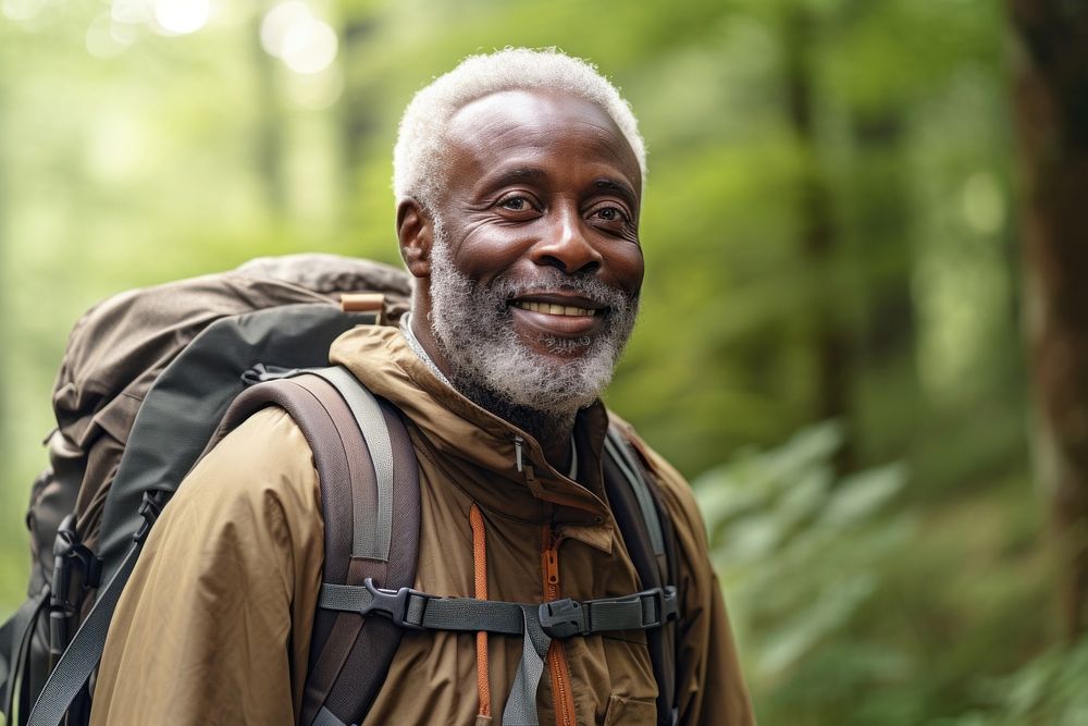 African Senior man With Backpack backpack portrait forest.