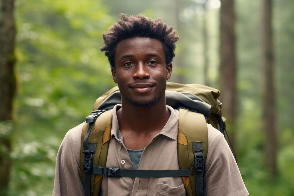 African young man With Backpack backpack backpacking portrait.