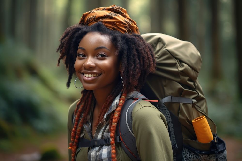 African young woman With Backpack backpack backpacking portrait.