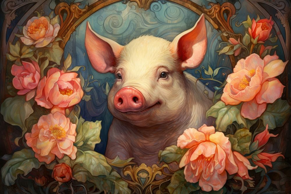 Pig and flowers art painting animal.