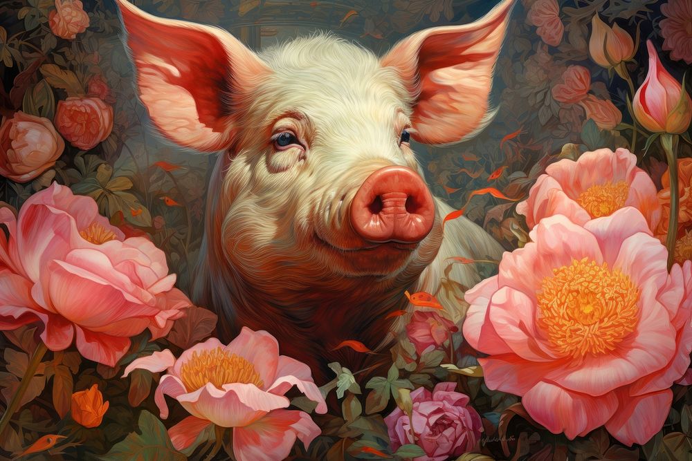 Pig and flowers art livestock blossom.