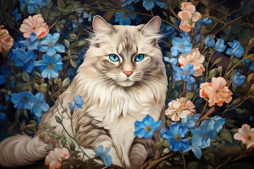 Ragdoll cat and flowers art painting graphics.