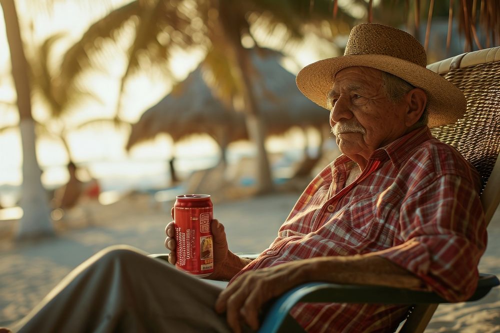 Elder latino in holding soda can while sitting on beach chair photography portrait adult. 