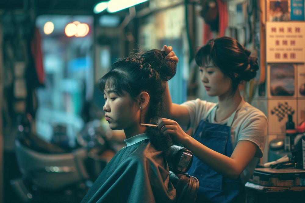 Woman barber and south east asian doing hair cut customer barbershop hairdresser hairstyle.