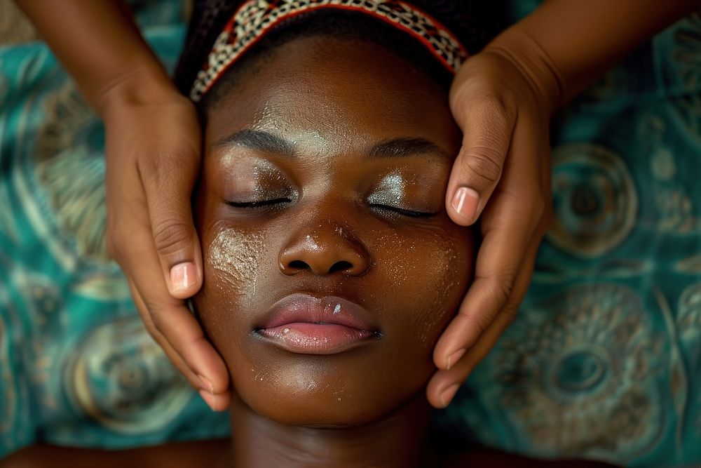 Ghanan woman skin relaxation cosmetics.
