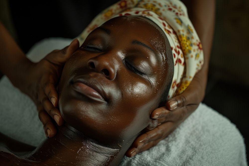 Ghanan woman spa relaxation headshot.